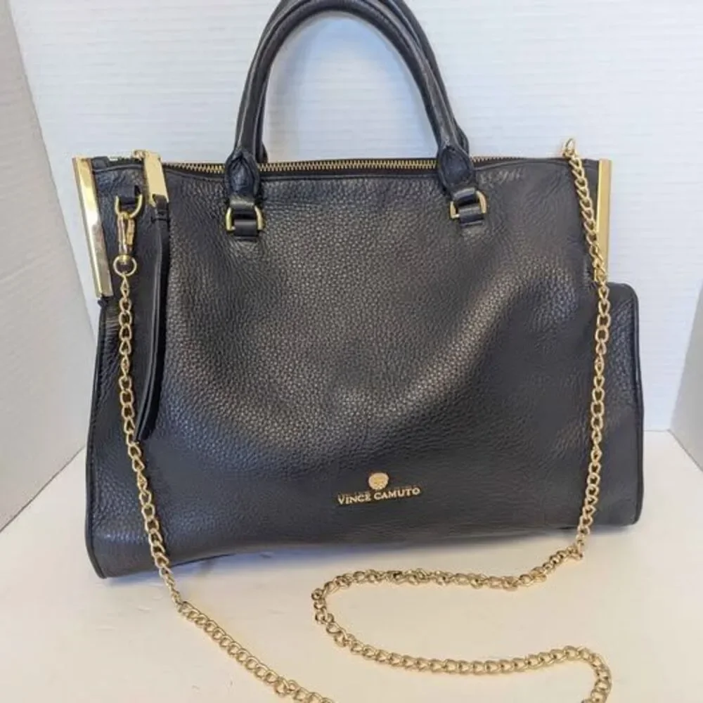 Vince Camuto Professional Black Leather Tina Satchel Handbag Purse Bag 14x10x5